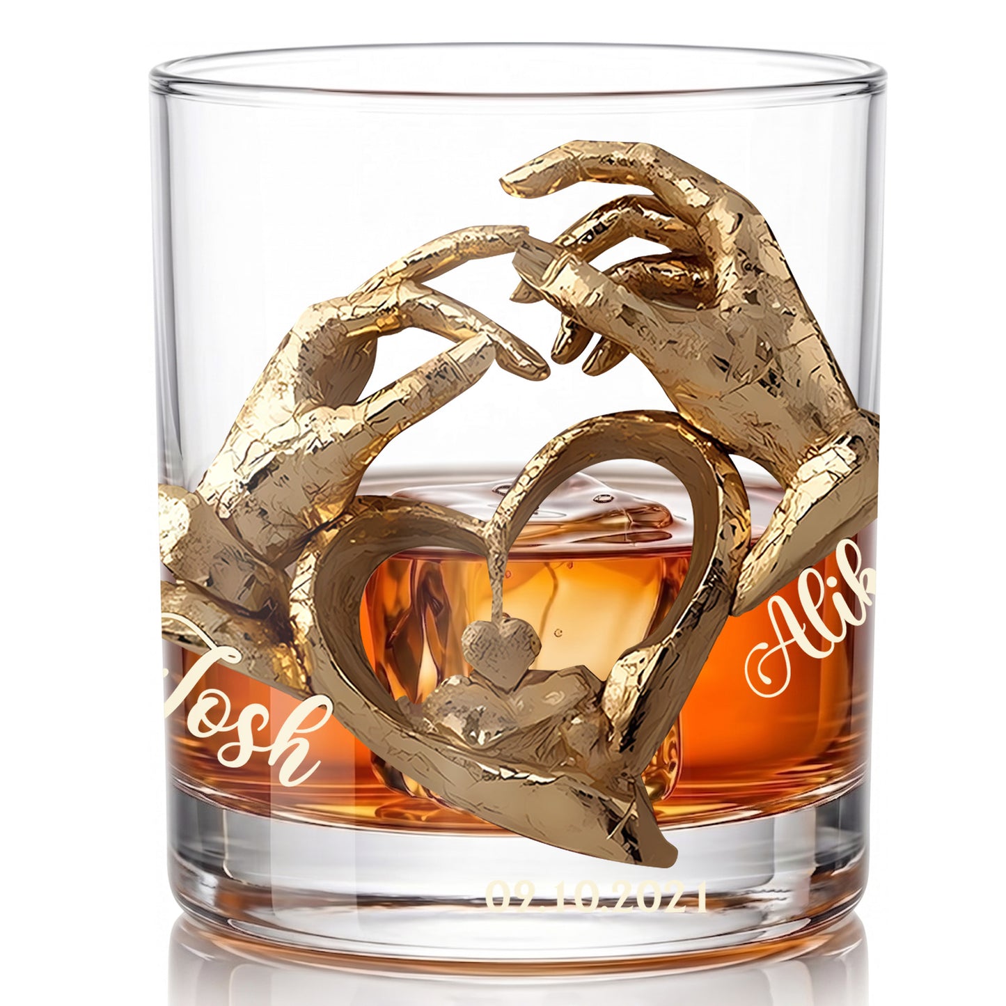 Personalized Couple Anniversary Whiskey Glass - Custom Heart Hands Gift