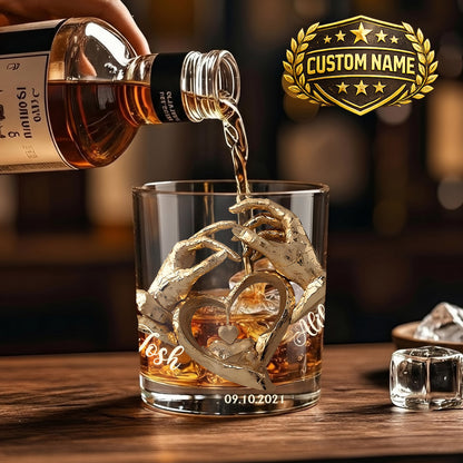 Personalized Couple Anniversary Whiskey Glass - Custom Heart Hands Gift