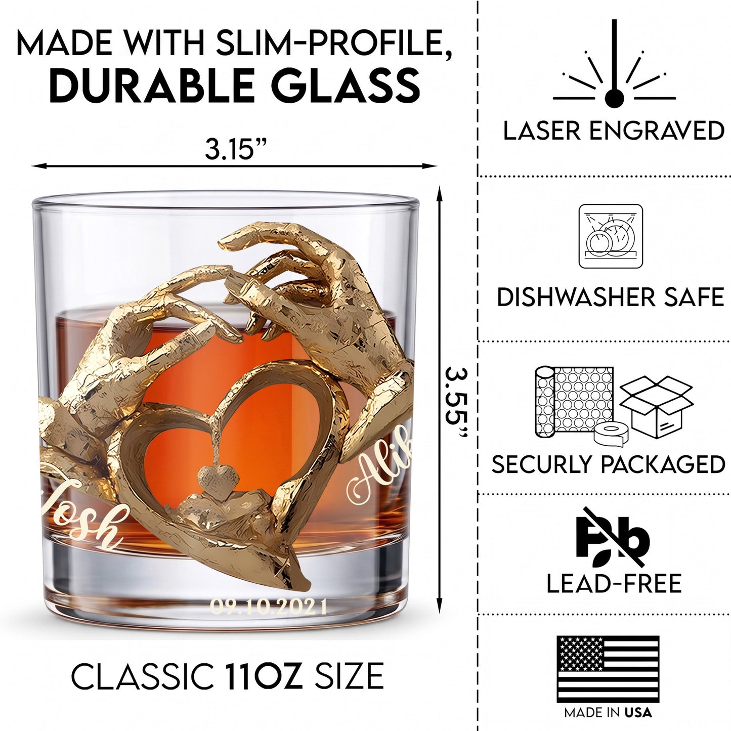 Personalized Couple Anniversary Whiskey Glass - Custom Heart Hands Gift