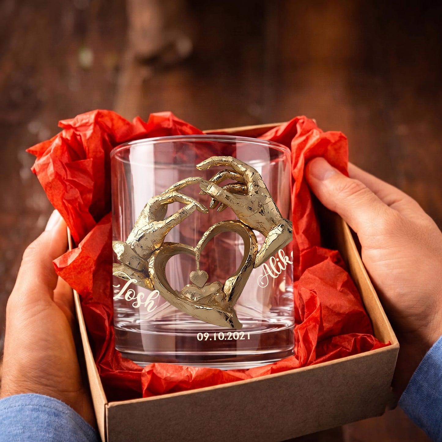 Personalized Couple Anniversary Whiskey Glass - Custom Heart Hands Gift