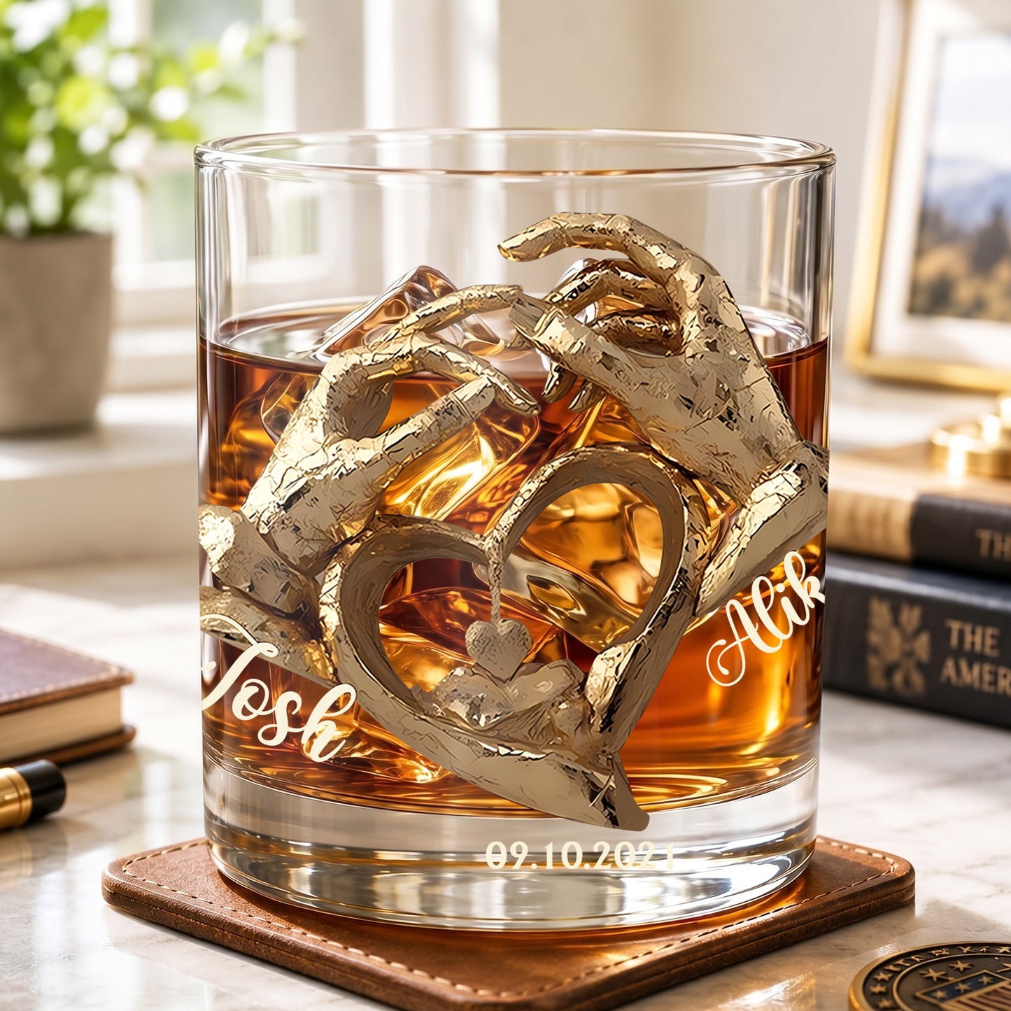 Personalized Couple Anniversary Whiskey Glass - Custom Heart Hands Gift