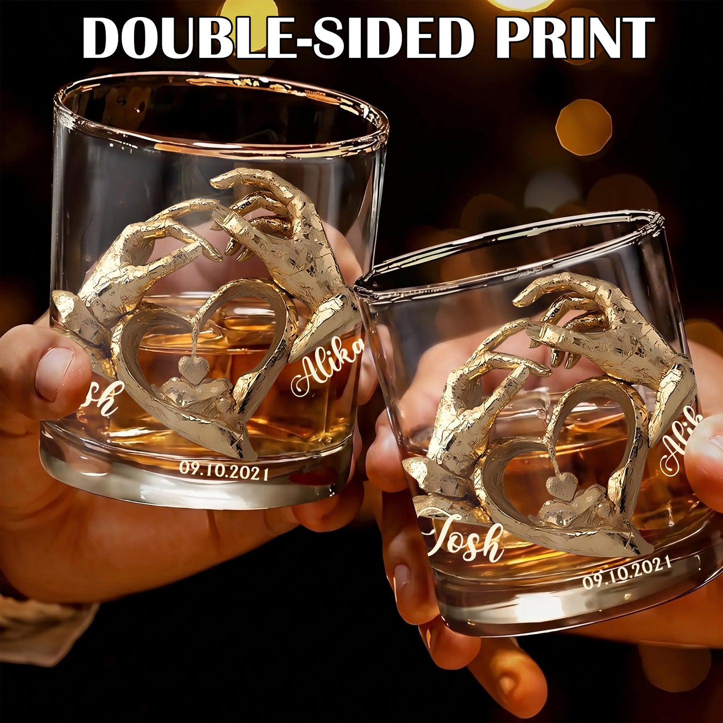 Personalized Couple Anniversary Whiskey Glass - Custom Heart Hands Gift