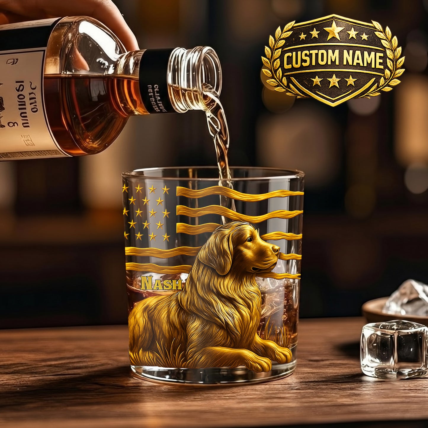 Personalized Golden Retriever Dog Whiskey Glass - Custom Patriotic Gift