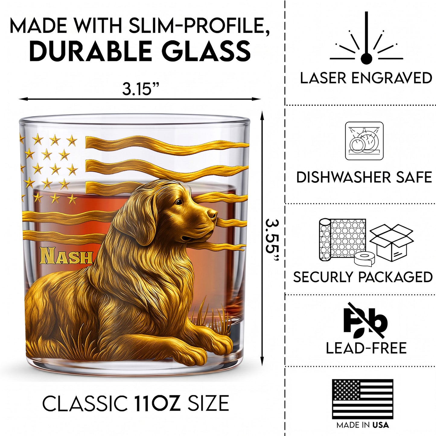 Personalized Golden Retriever Dog Whiskey Glass - Custom Patriotic Gift