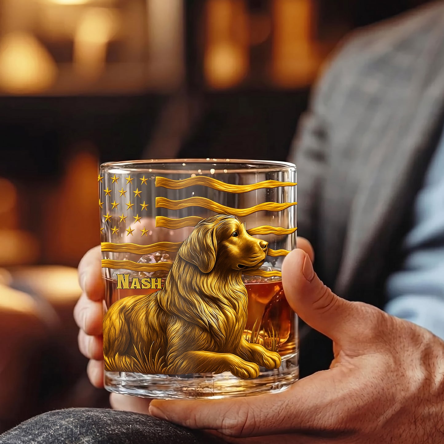 Personalized Golden Retriever Dog Whiskey Glass - Custom Patriotic Gift