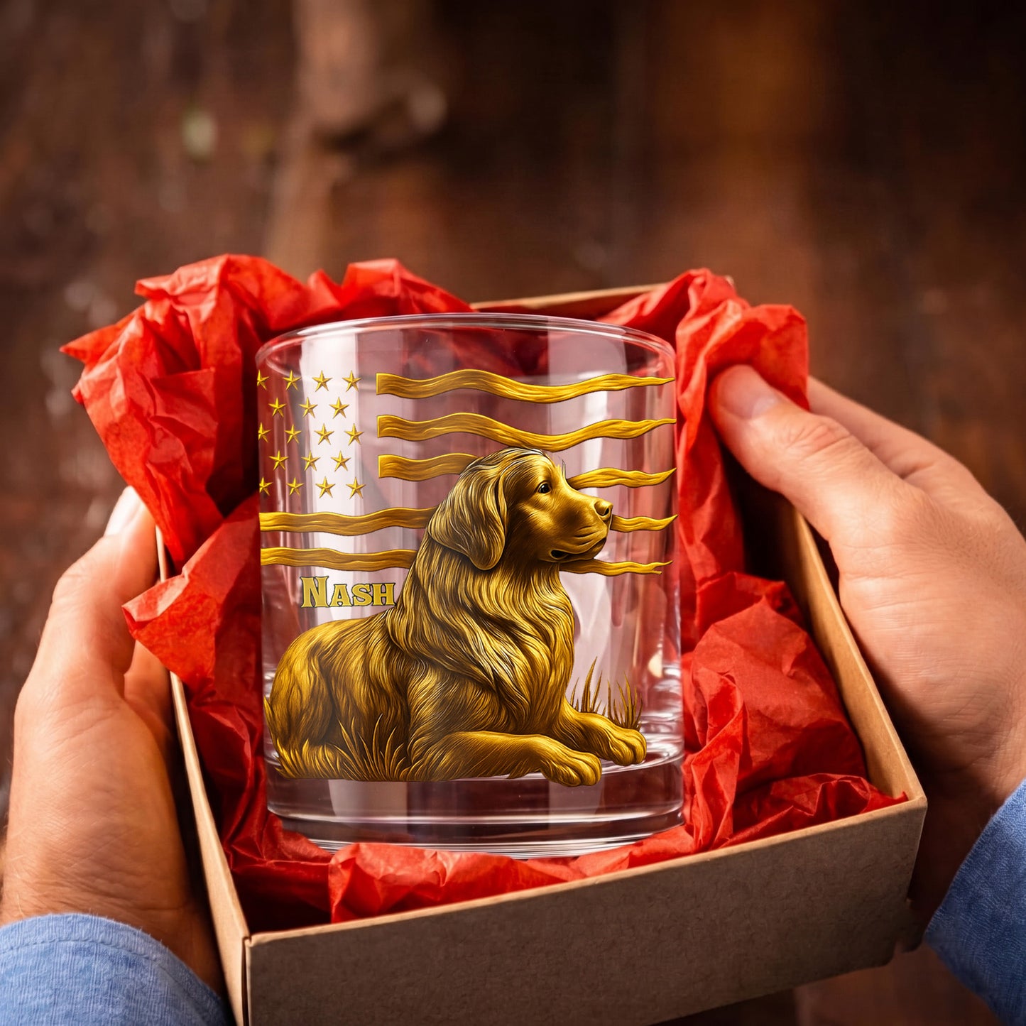 Personalized Golden Retriever Dog Whiskey Glass - Custom Patriotic Gift