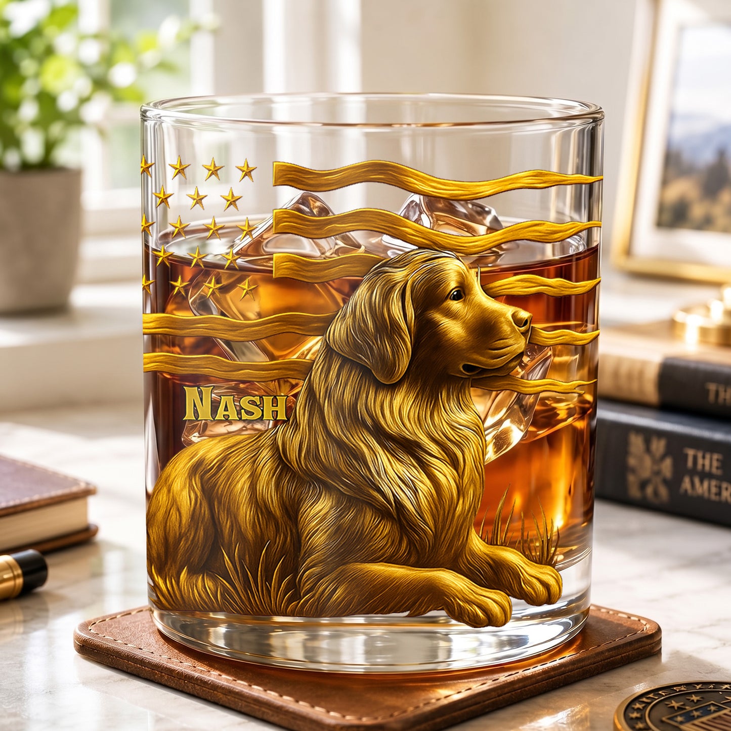 Personalized Golden Retriever Dog Whiskey Glass - Custom Patriotic Gift