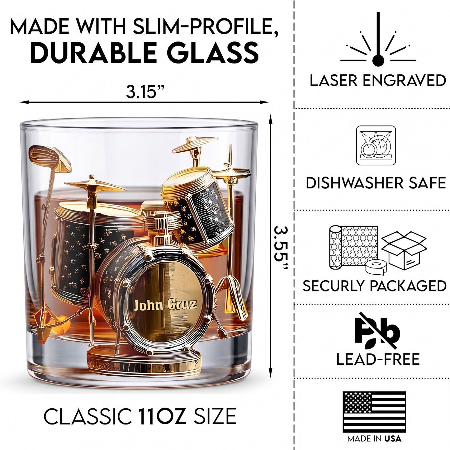 Personalized Drum Kit Whiskey Glass - Custom Drummer Musician Gift