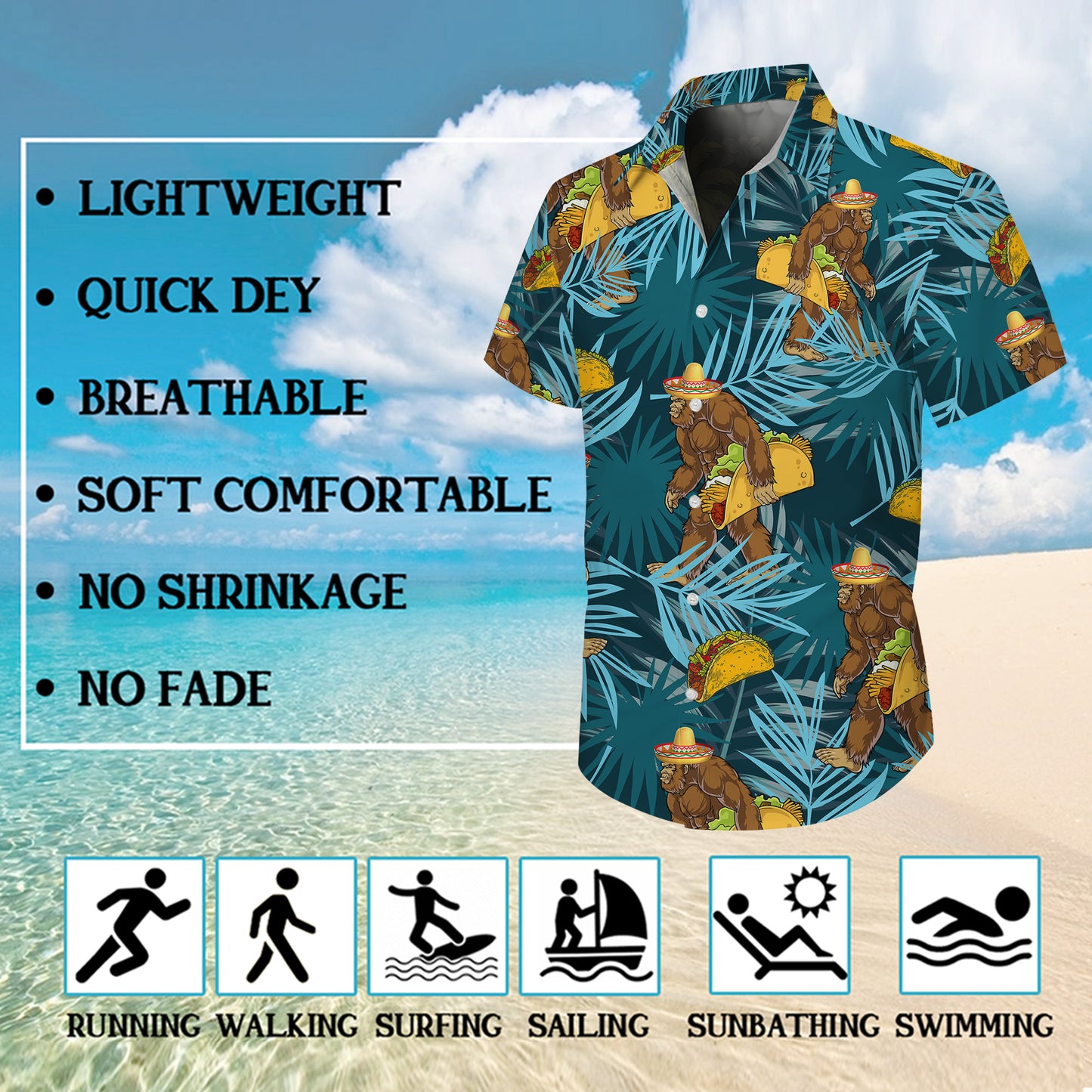 Funny Bigfoot Taco Sombrero Tropical Hawaiian Shirt for Men & Women Aloha