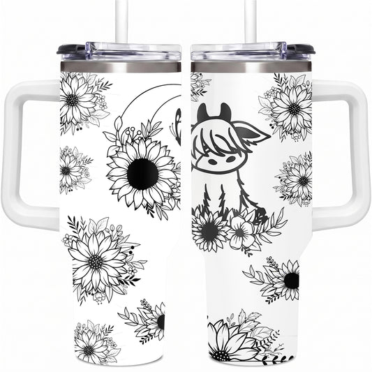 Cute Highland Cow and Sunflower 40oz Tumbler with Handle, Black and White Boho Floral Travel Cup, Western Country Insulated Mug