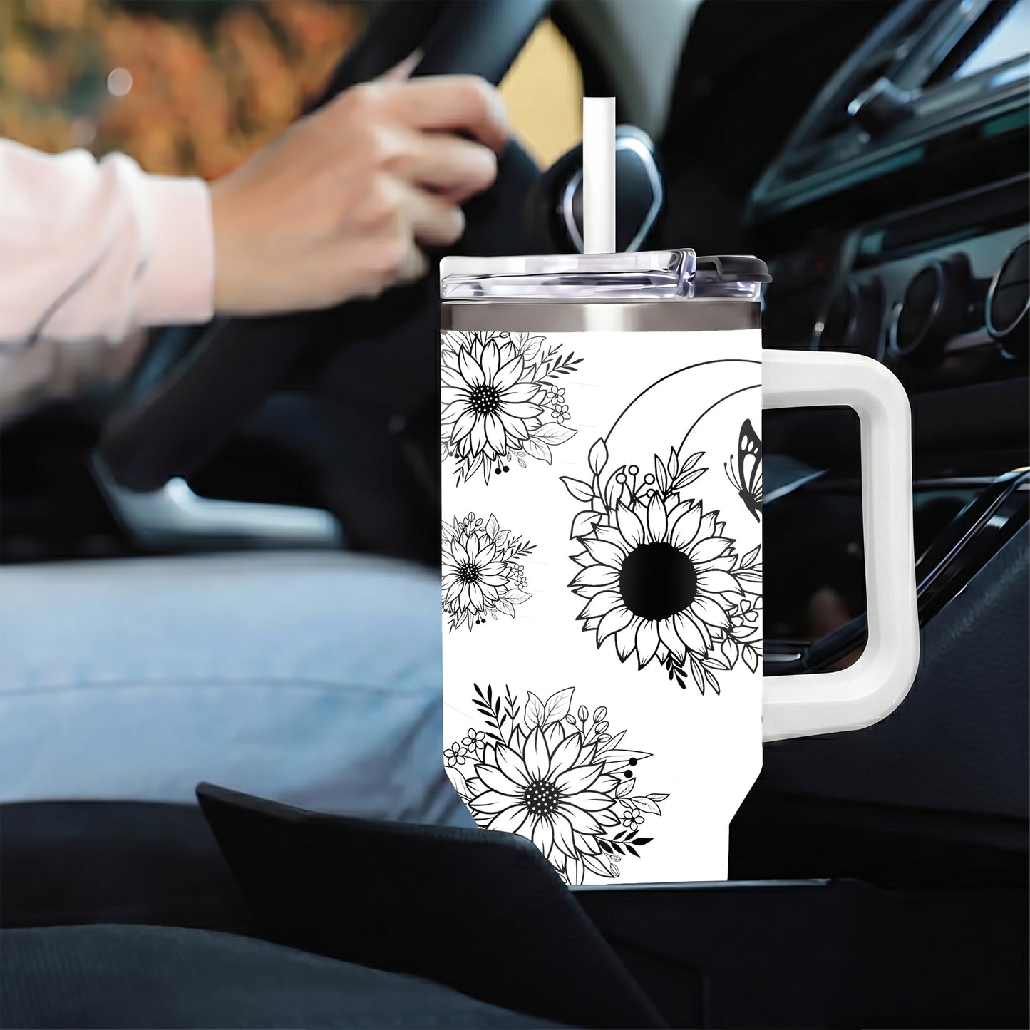 Cute Highland Cow and Sunflower 40oz Tumbler with Handle, Black and White Boho Floral Travel Cup, Western Country Insulated Mug