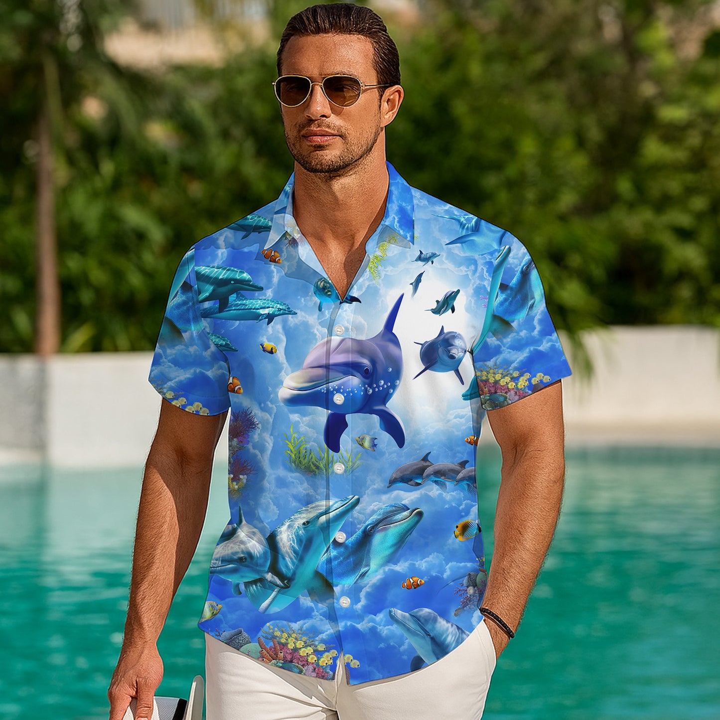 Dolphin Spirit Animal Ocean Coral Reef Hawaiian Shirt for Men & Women Aloha