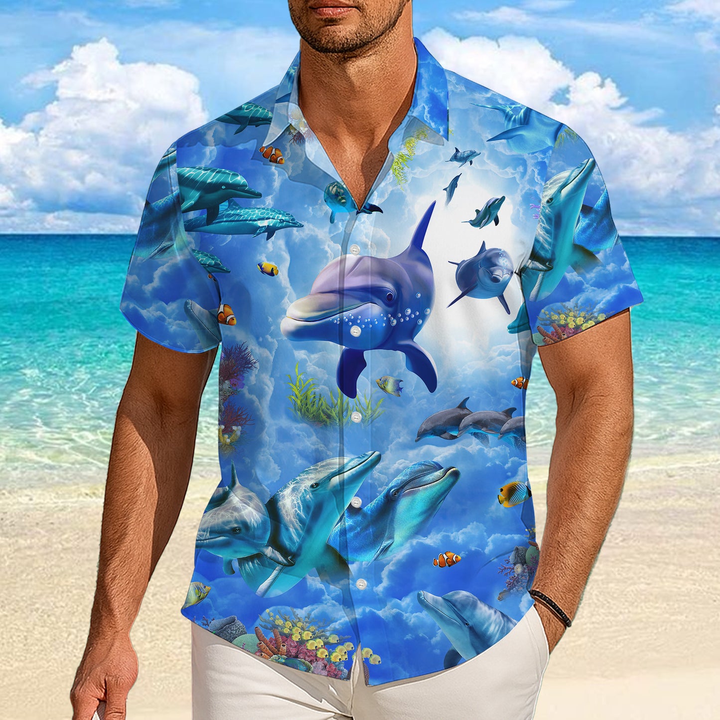 Dolphin Spirit Animal Ocean Coral Reef Hawaiian Shirt for Men & Women Aloha