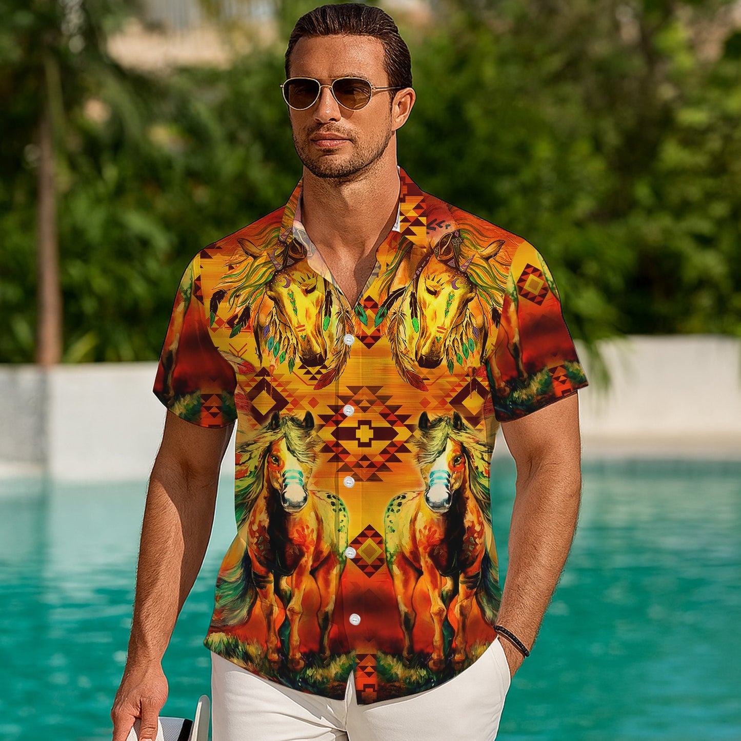Native American Tribal Horse Southwestern Hawaiian Shirt for Men & Women Aloha