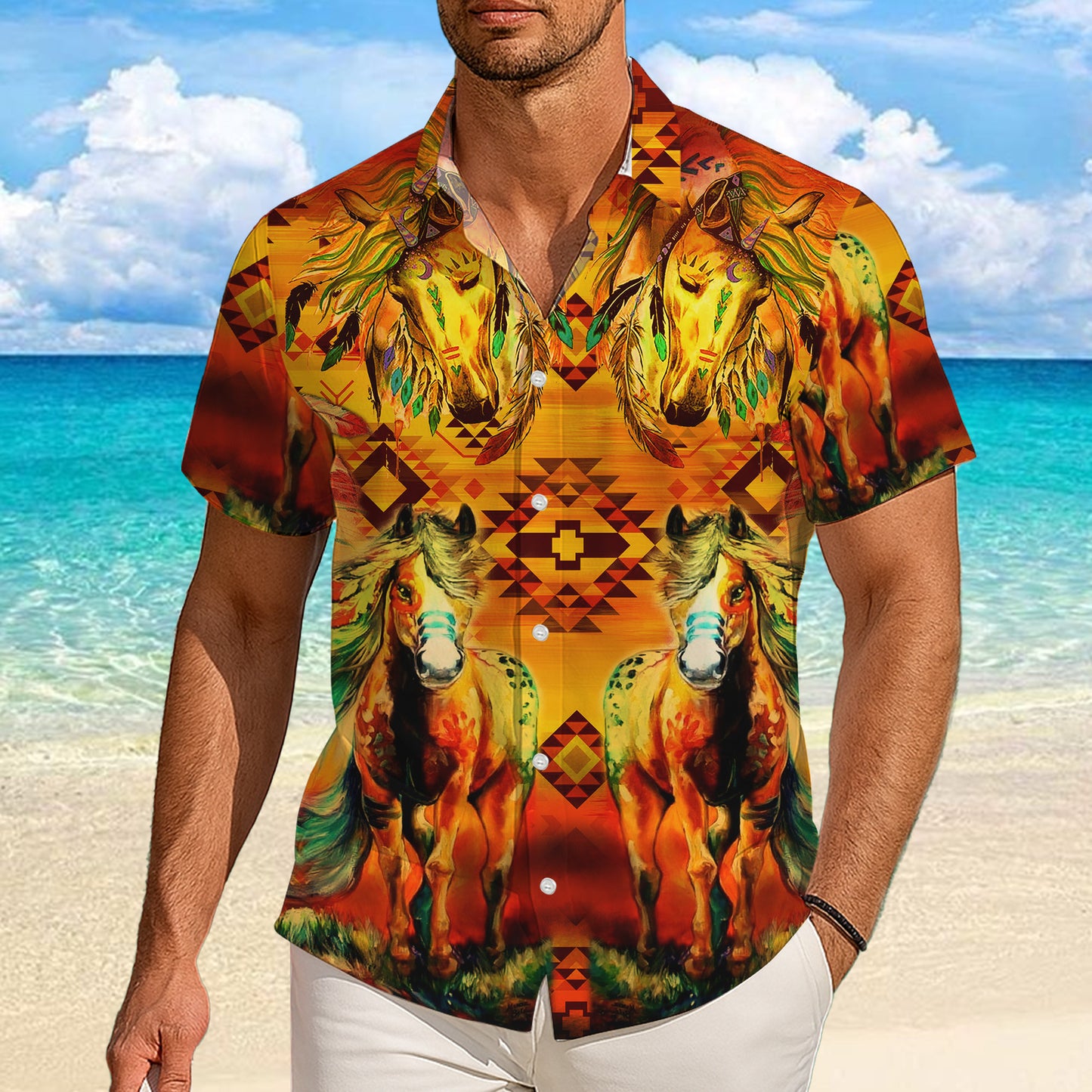 Native American Tribal Horse Southwestern Hawaiian Shirt for Men & Women Aloha