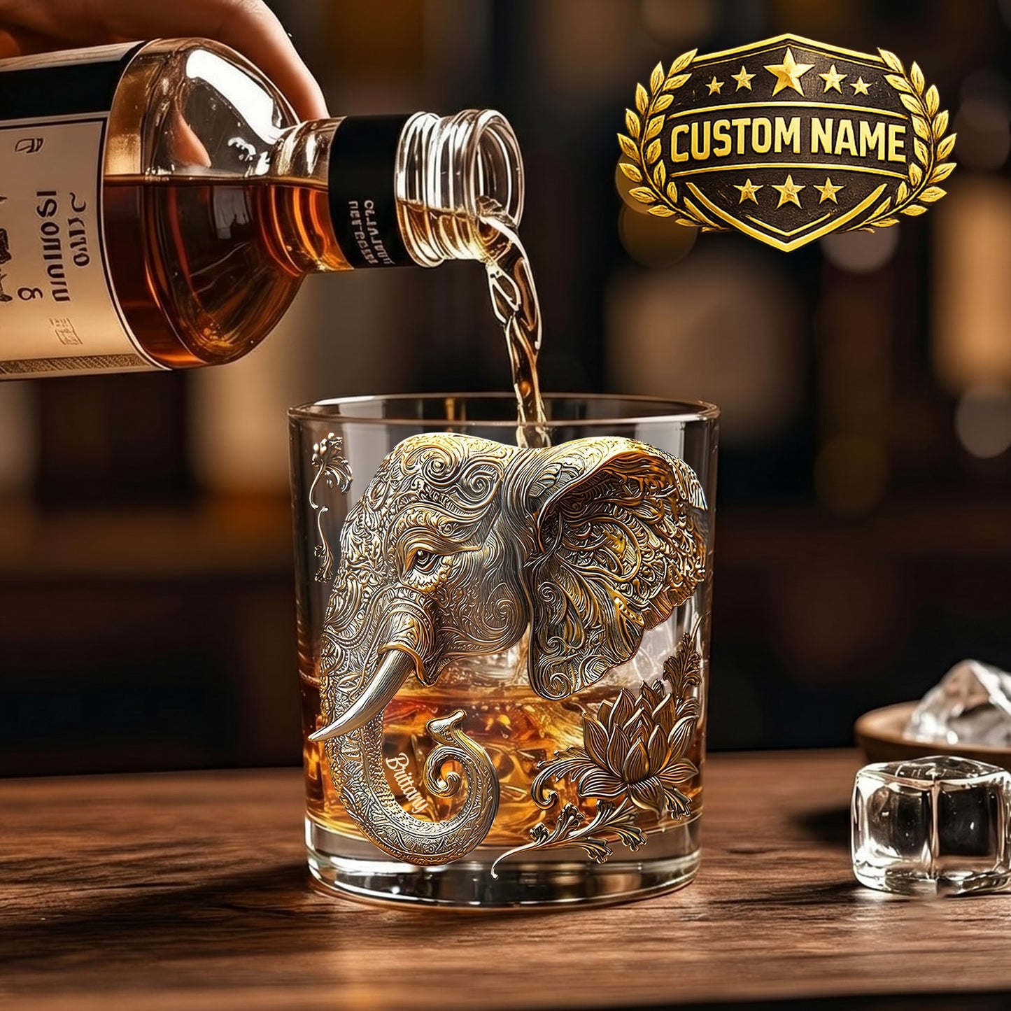 Personalized Mandala Elephant Whiskey Glass - Custom Lotus Gift