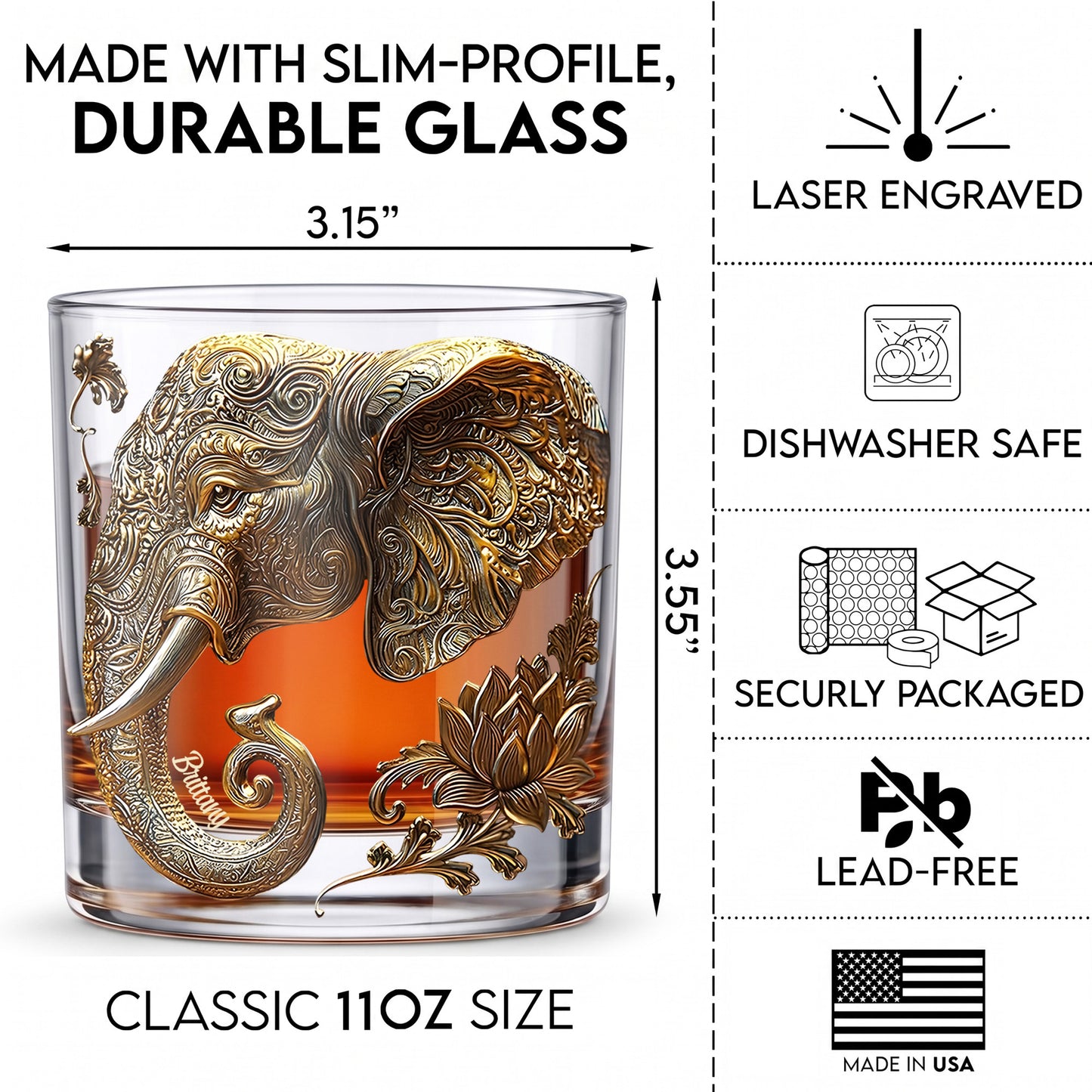 Personalized Mandala Elephant Whiskey Glass - Custom Lotus Gift