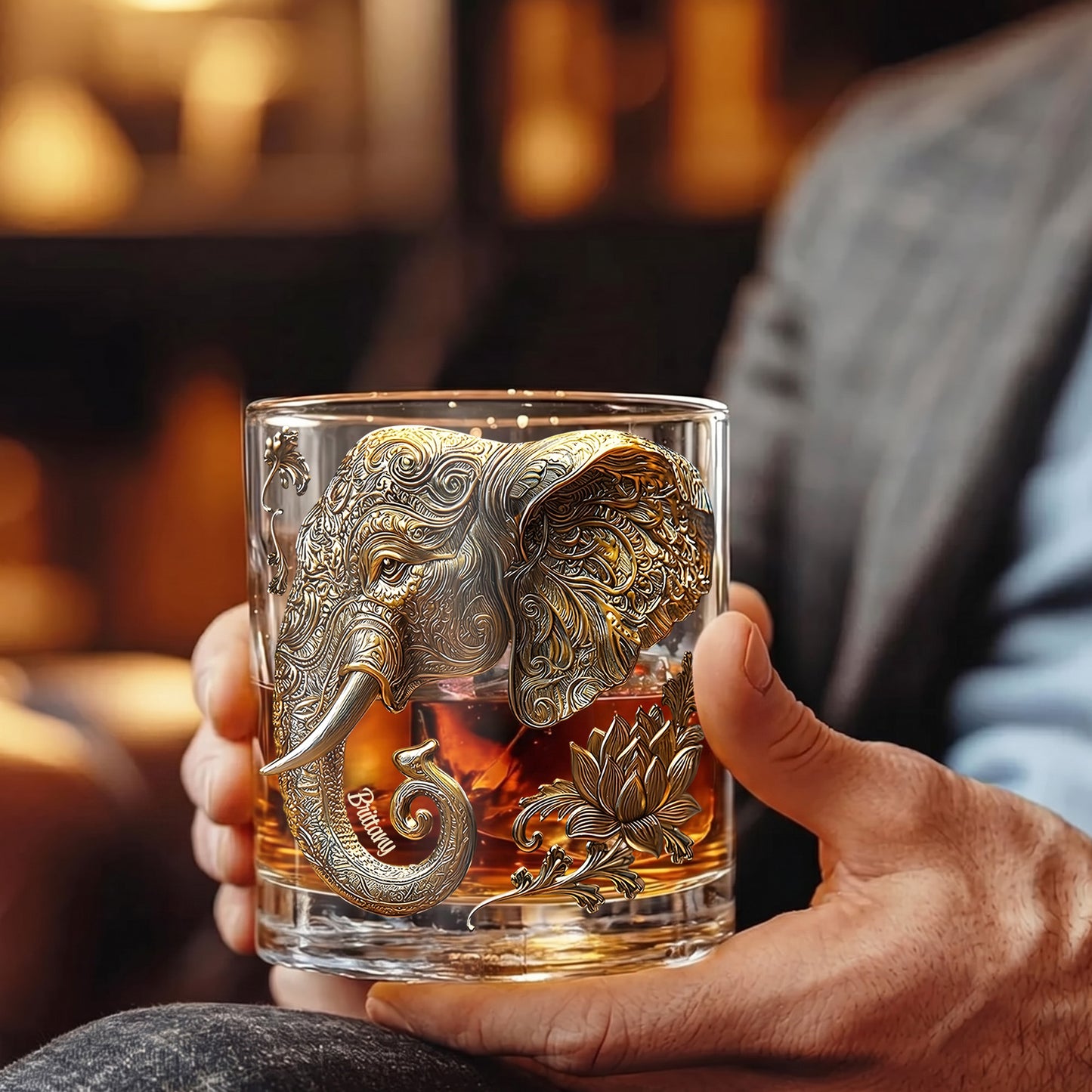 Personalized Mandala Elephant Whiskey Glass - Custom Lotus Gift