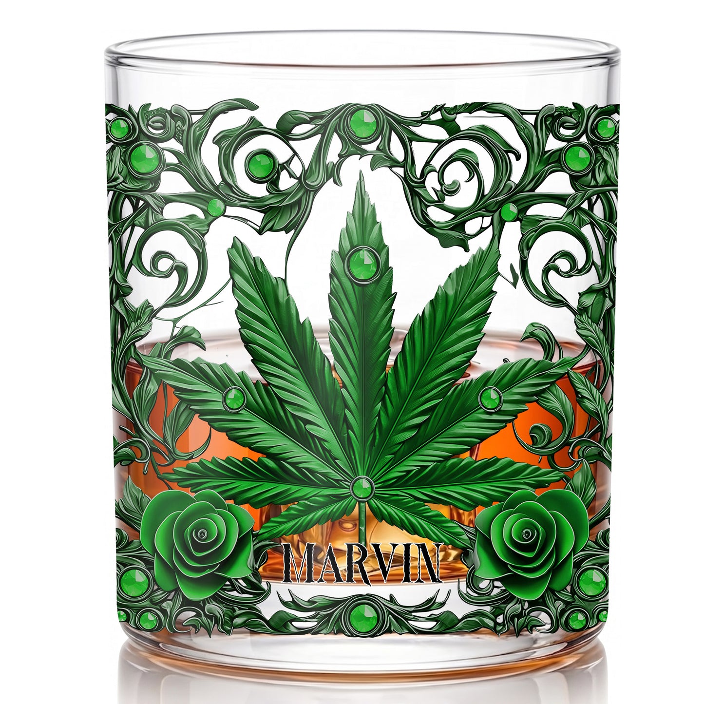 Personalized Marijuana Leaf Whiskey Glass - Custom Ornate Gift