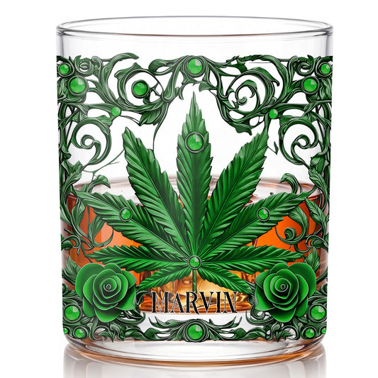 Personalized Marijuana Leaf Whiskey Glass - Custom Ornate Gift