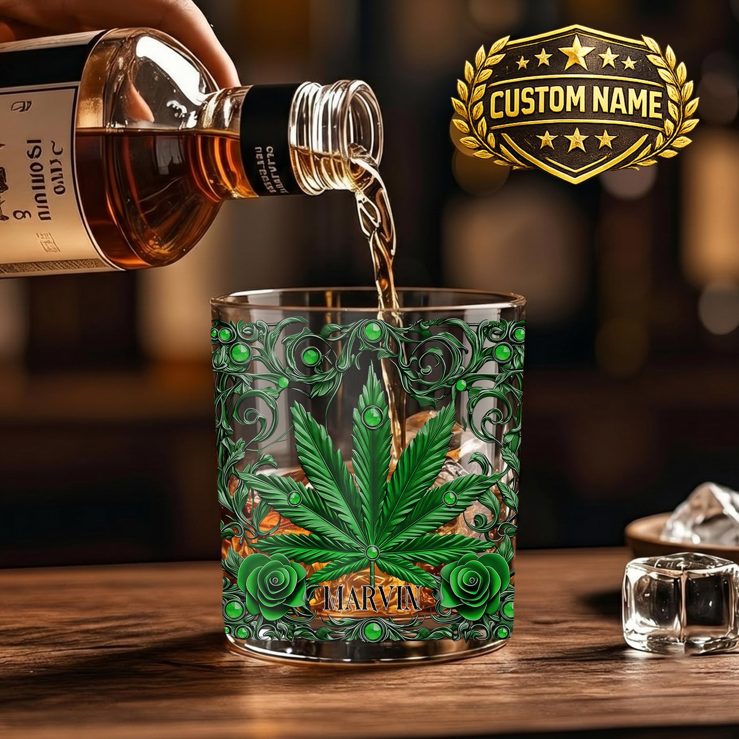 Personalized Marijuana Leaf Whiskey Glass - Custom Ornate Gift