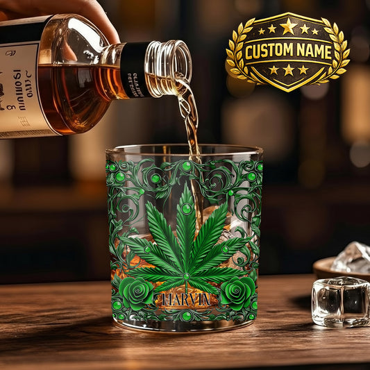 Personalized Marijuana Leaf Whiskey Glass - Custom Ornate Gift