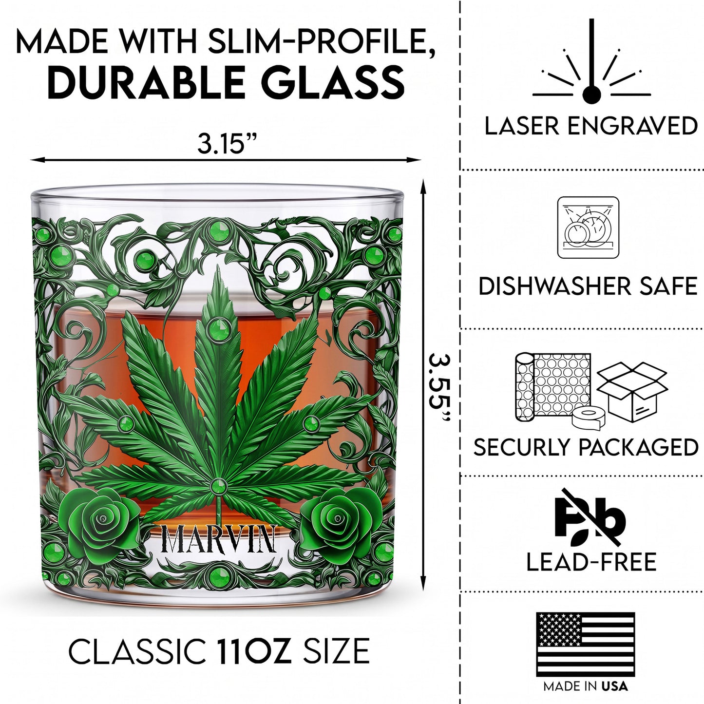 Personalized Marijuana Leaf Whiskey Glass - Custom Ornate Gift