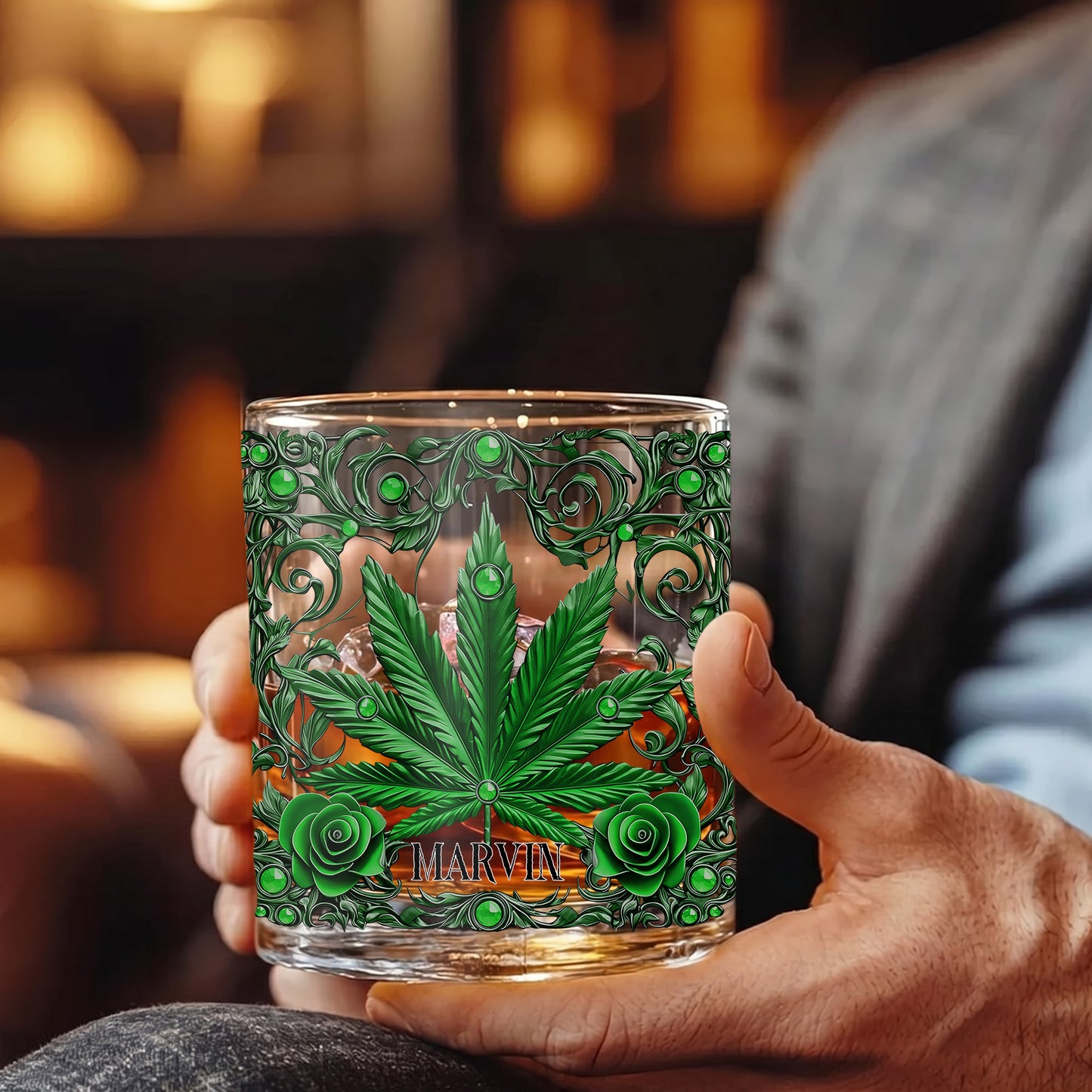 Personalized Marijuana Leaf Whiskey Glass - Custom Ornate Gift