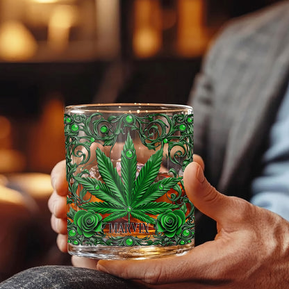 Personalized Marijuana Leaf Whiskey Glass - Custom Ornate Gift
