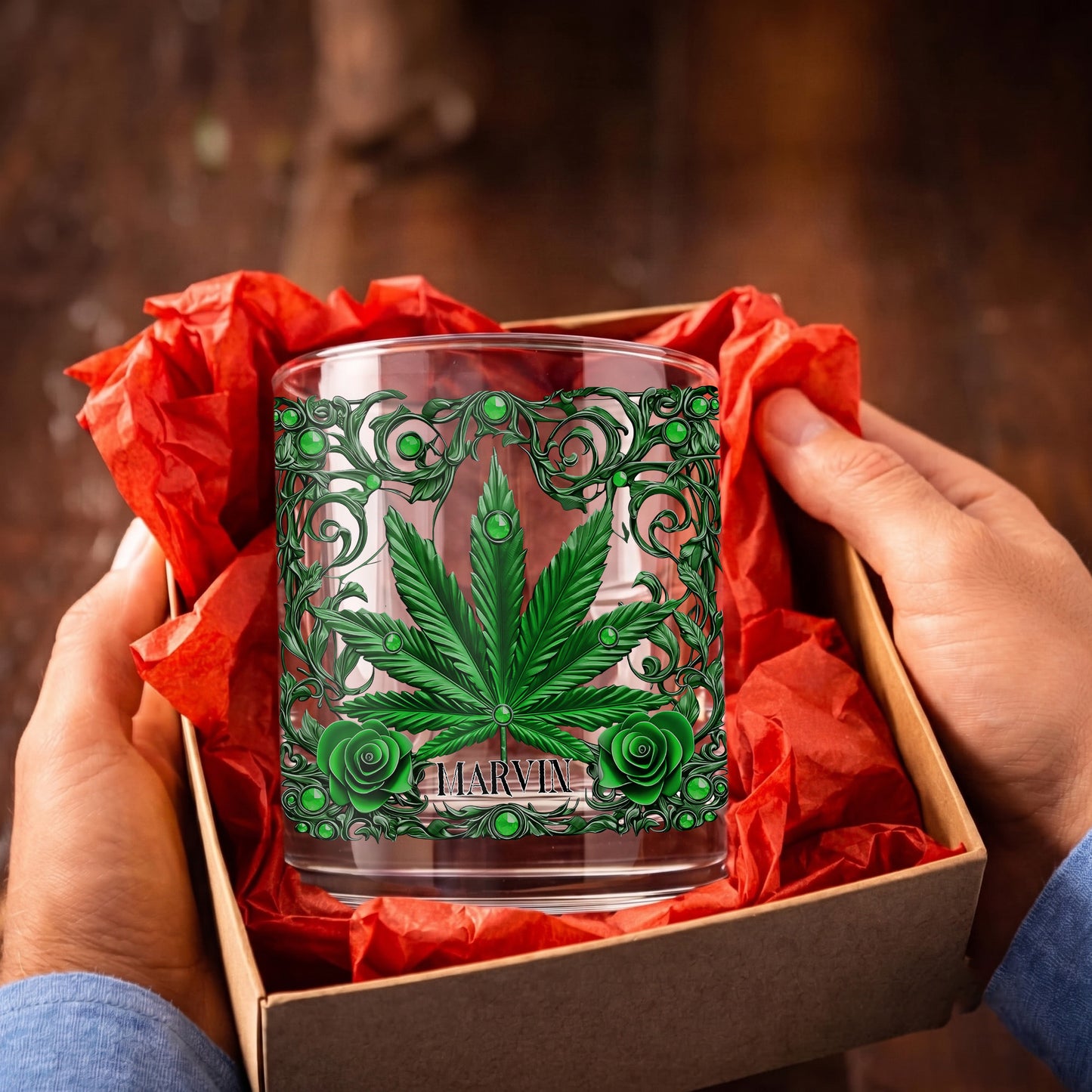 Personalized Marijuana Leaf Whiskey Glass - Custom Ornate Gift