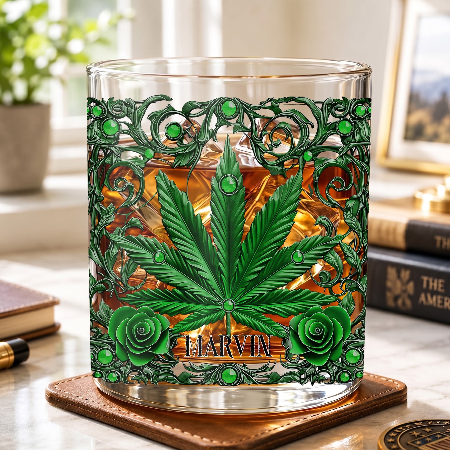 Personalized Marijuana Leaf Whiskey Glass - Custom Ornate Gift