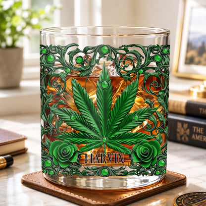 Personalized Marijuana Leaf Whiskey Glass - Custom Ornate Gift