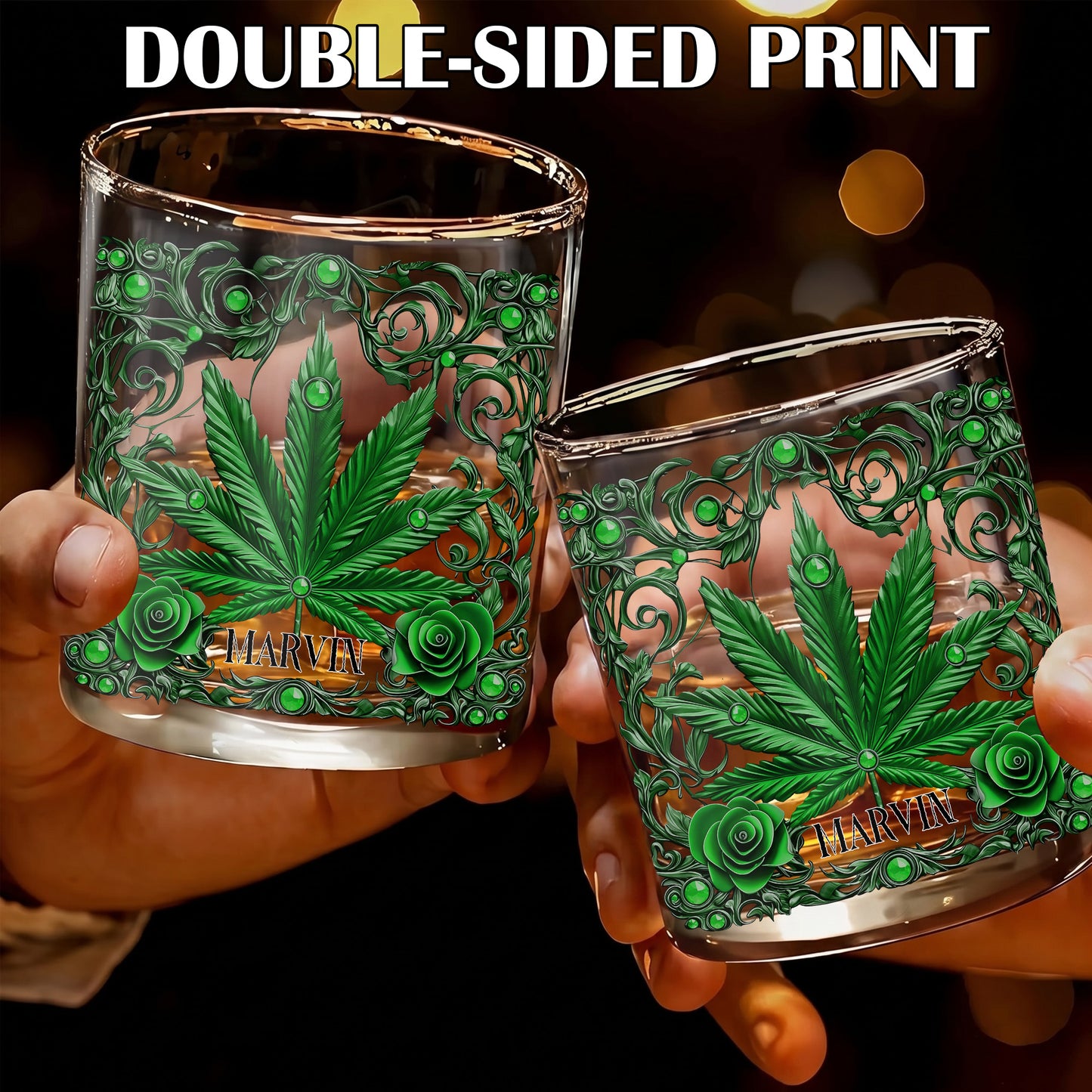 Personalized Marijuana Leaf Whiskey Glass - Custom Ornate Gift