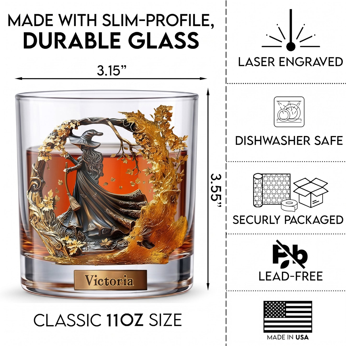Personalized Witch Whiskey Glass - Custom Autumn Magic Halloween Gift