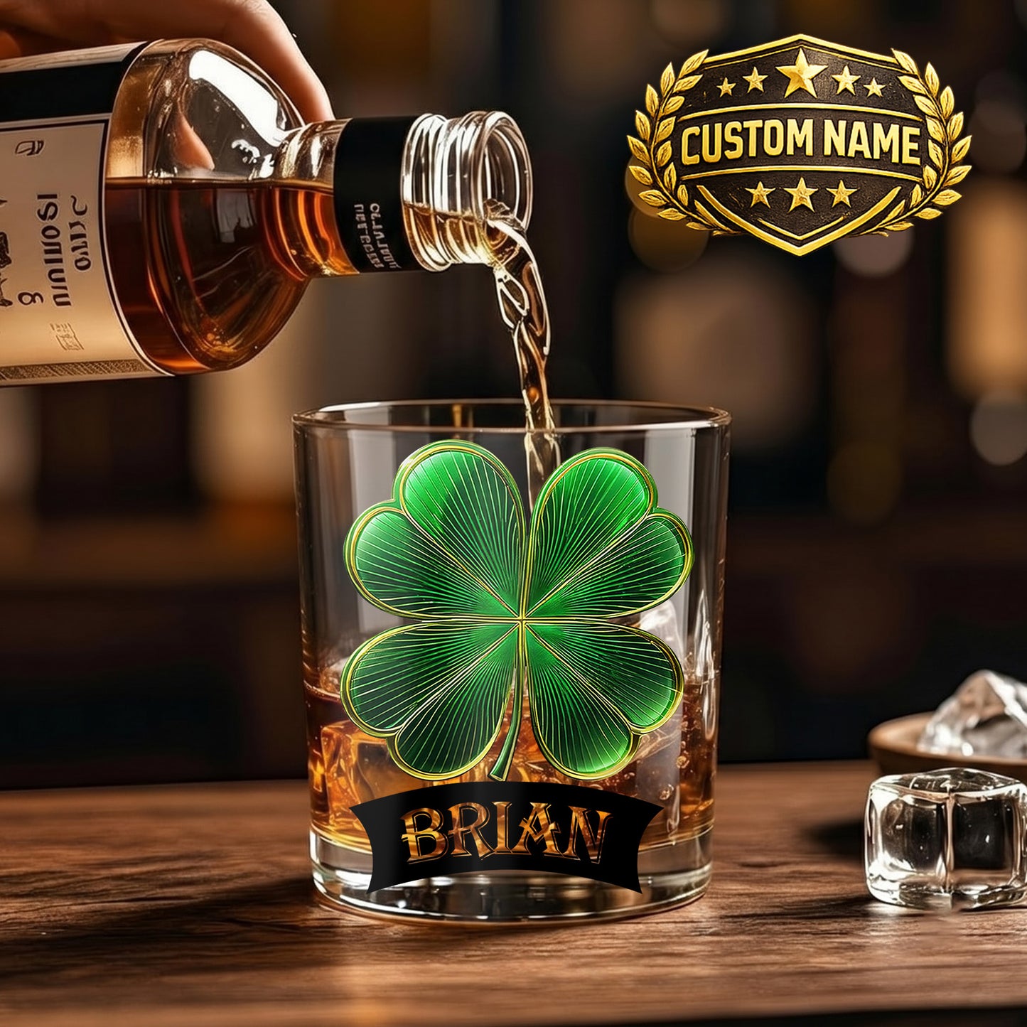 Personalized Four-Leaf Clover Whiskey Glass - Custom Irish Lucky Gift