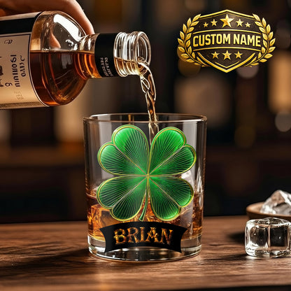 Personalized Four-Leaf Clover Whiskey Glass - Custom Irish Lucky Gift