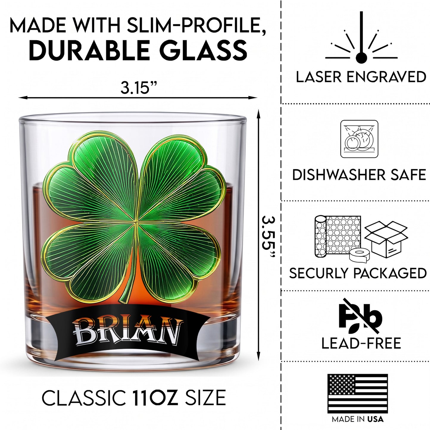 Personalized Four-Leaf Clover Whiskey Glass - Custom Irish Lucky Gift