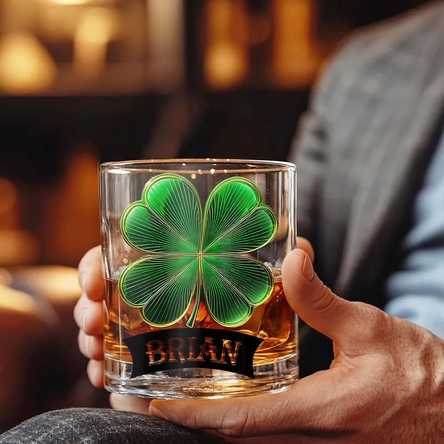 Personalized Four-Leaf Clover Whiskey Glass - Custom Irish Lucky Gift