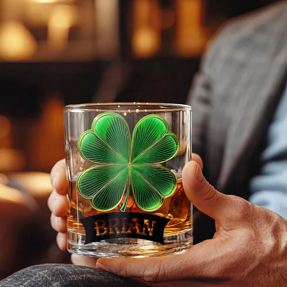 Personalized Four-Leaf Clover Whiskey Glass - Custom Irish Lucky Gift