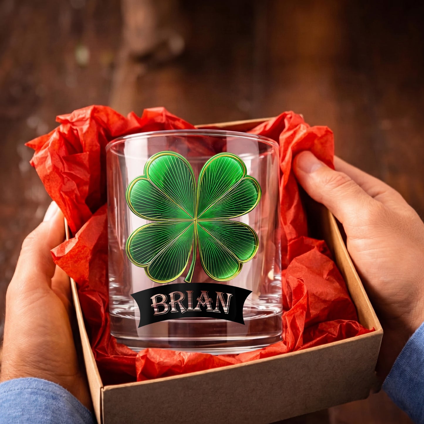 Personalized Four-Leaf Clover Whiskey Glass - Custom Irish Lucky Gift
