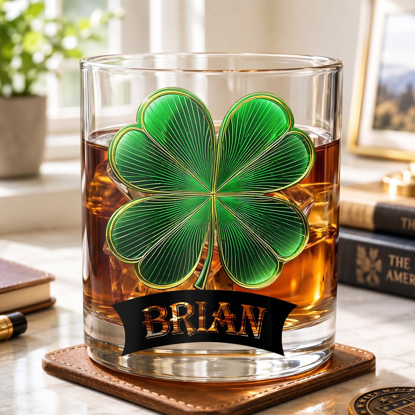 Personalized Four-Leaf Clover Whiskey Glass - Custom Irish Lucky Gift