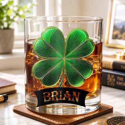 Personalized Four-Leaf Clover Whiskey Glass - Custom Irish Lucky Gift