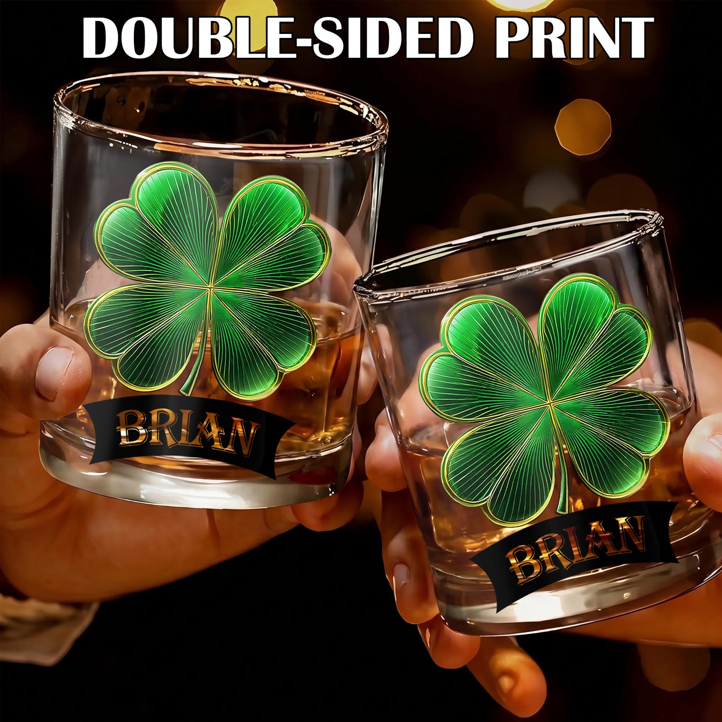 Personalized Four-Leaf Clover Whiskey Glass - Custom Irish Lucky Gift
