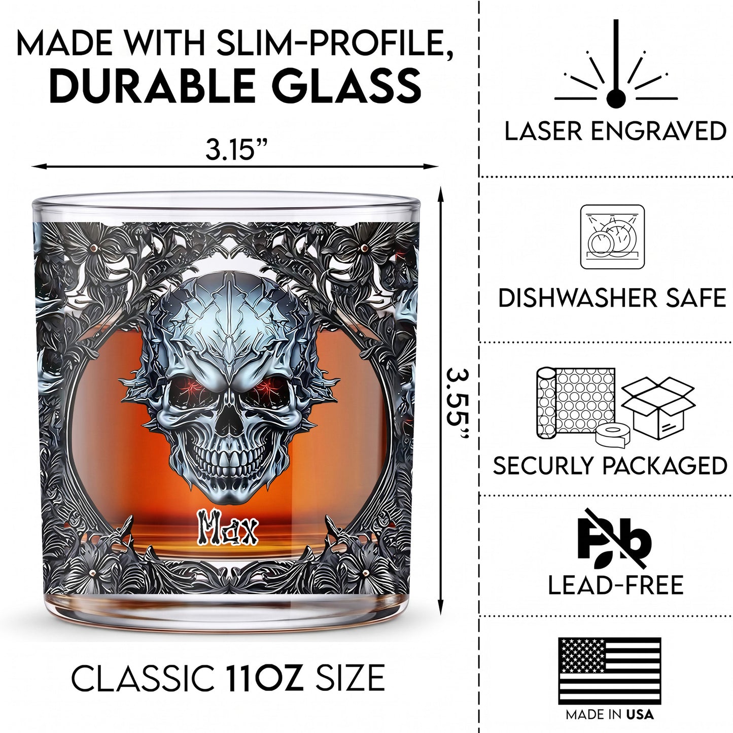 Personalized Gothic Skull Whiskey Glass - Custom Edgy Gift
