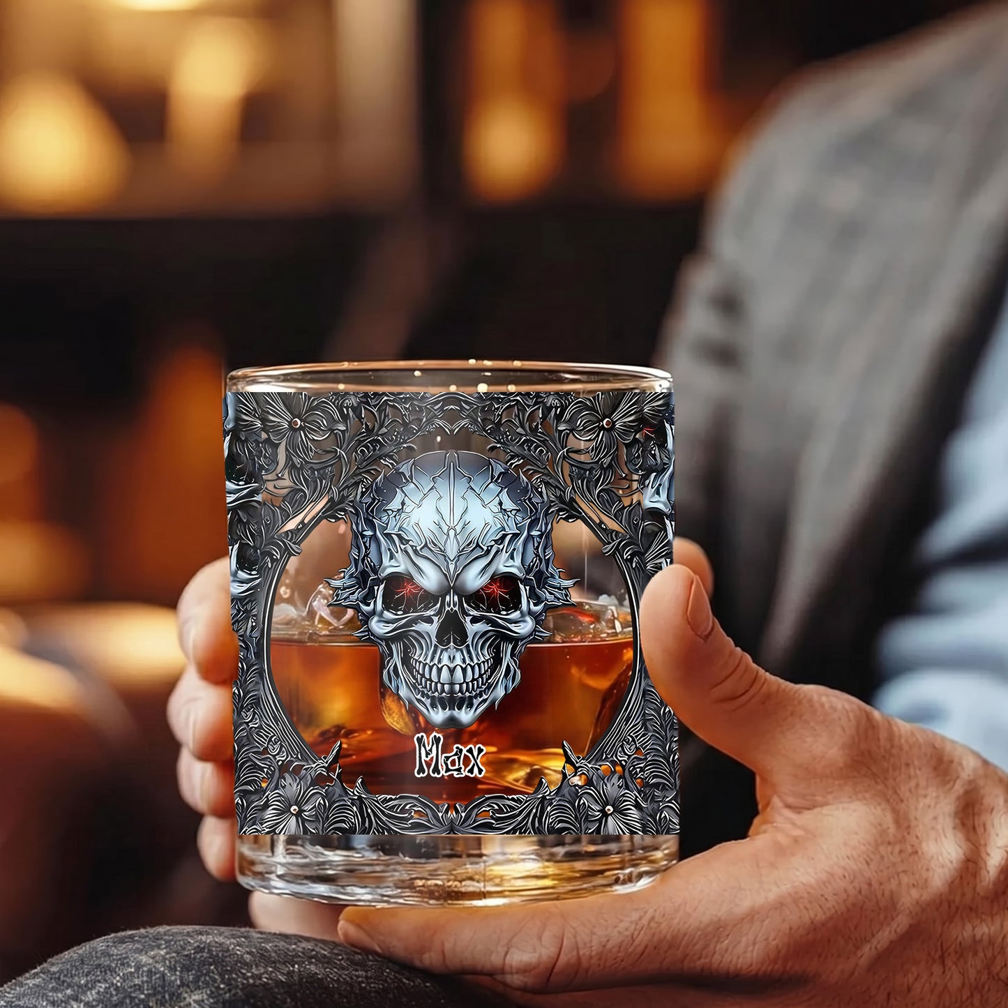Personalized Gothic Skull Whiskey Glass - Custom Edgy Gift