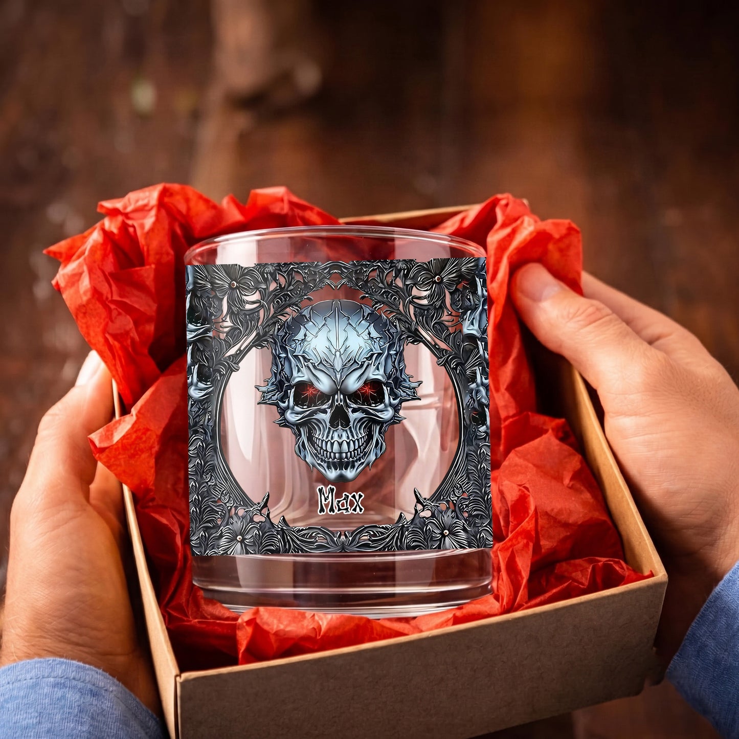 Personalized Gothic Skull Whiskey Glass - Custom Edgy Gift