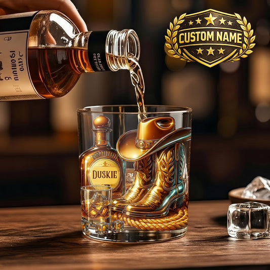 Personalized Cowboy Whiskey Glass - Custom Western Hat & Boots Gift