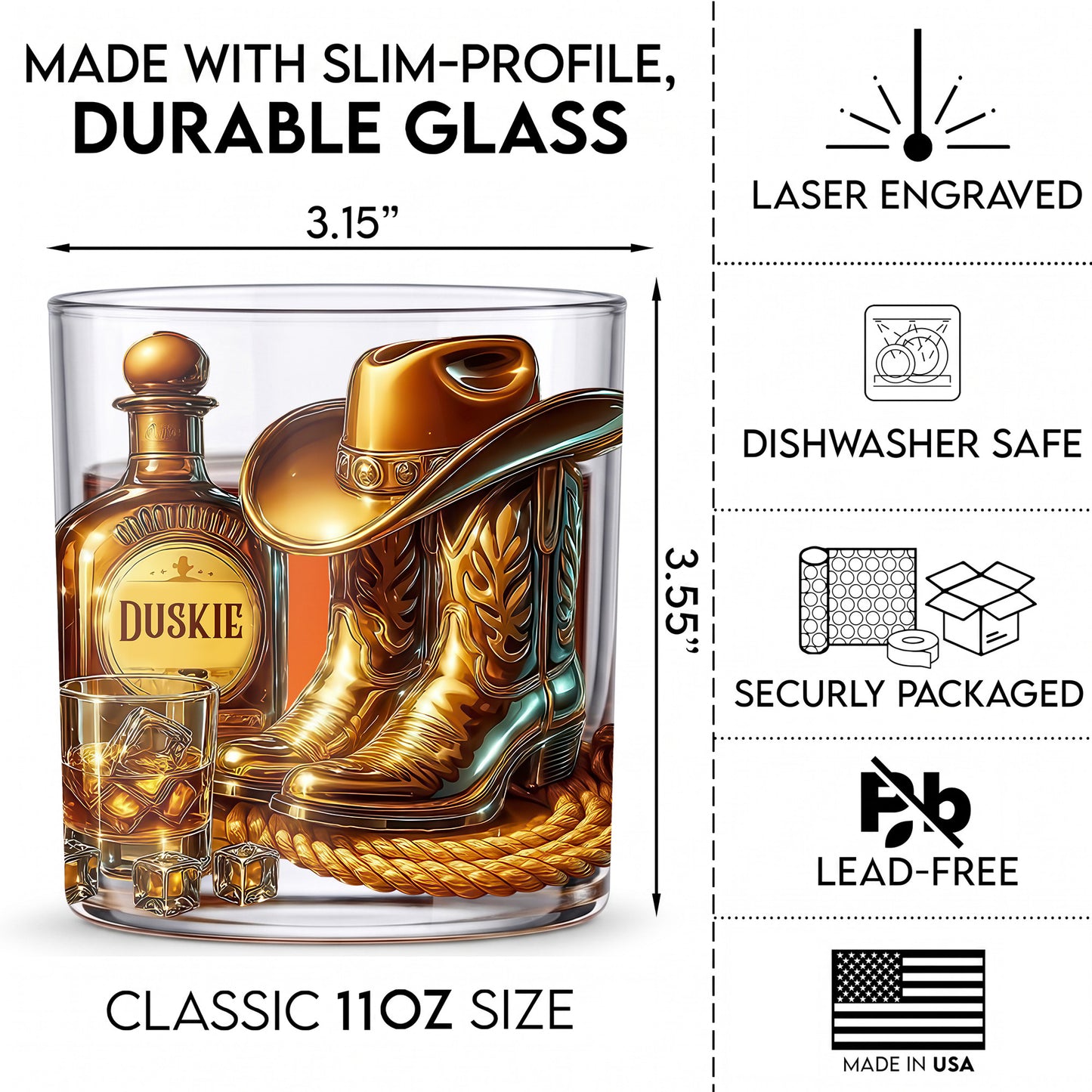 Personalized Cowboy Whiskey Glass - Custom Western Hat & Boots Gift