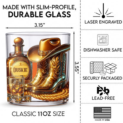 Personalized Cowboy Whiskey Glass - Custom Western Hat & Boots Gift