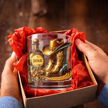 Personalized Cowboy Whiskey Glass - Custom Western Hat & Boots Gift
